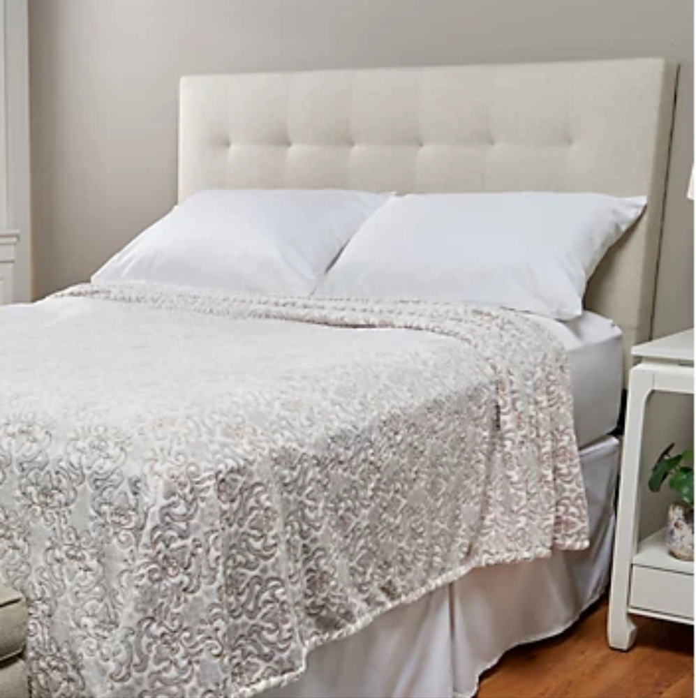 Berkshire  Blanket Velvet Soft Scroll Damask Plush Blanket Queen Natural